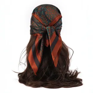 Vintage Satin Square Scarf For Women Silk Feeling Paisley Floral Print Headscarf Elegant Hair Band Neck Scarf Hair Accessory Headwrap