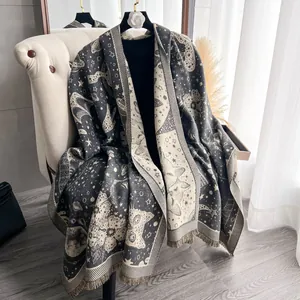 Sciarpa Invernale da Donna in Simil-Cashmere Caldo Scialle Ispessito Gatto Pianeta Cielo Stellato Jacquard Nappine Pashmina