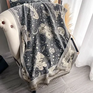 Dettaglio della coperta in finta cashmere grigio scuro con motivi di gatti e stelle