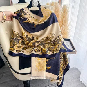 Vintage floral cashmere-feel scarf with tassels in navy and cream for winter warmth