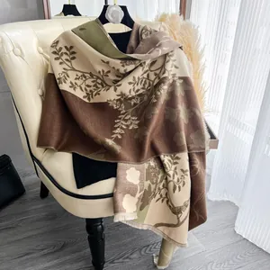 Sciarpa pashmina vintage francese con motivo jacquard di bambù e uccelli in marrone scuro
