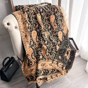 Classic paisley pattern cashmere-like pashmina shawl with tassel fringe in black and orange