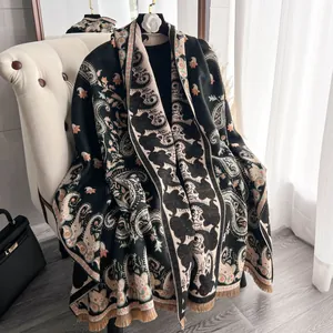 Classic paisley cashmere-feel scarf with elegant fringe trim and vintage floral patterns