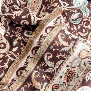 Close-up of paisley pattern and soft fringe on brown cashmere-like shawl wrap