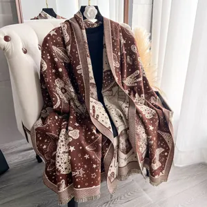 Sciarpa in cashmere con gatti spaziali e nappe, elegante scialle marrone per l'autunno