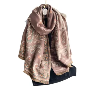 Retro paisley cashmere-feel scarf with elegant fringes and camellia hanger display