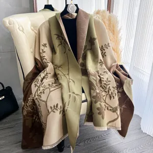Sciarpa Donna Elegante Invernale Calda Scialle Jacquard Fronte Retro Motivo Bambù Uccello Imitazione Cashmere Con Nappine