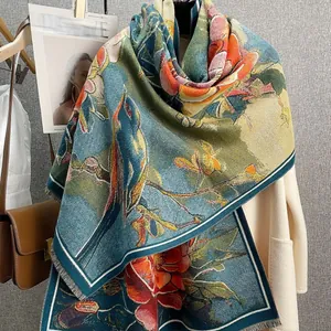 Vintage Peony Bird Print Thick Warm Imitation Cashmere Scarf For Women Bohemian Ethnic Style Shawl With Tassels Winter Wrap