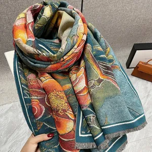 Retro peony and bird print cashmere-feel thick scarf with fringed edges in vibrant colors