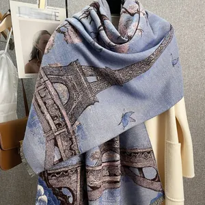 Floral Eiffel Tower pattern blue cashmere feel pashmina scarf with fine tassel edges