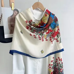 Floral cotton linen scarf in cream white with vintage patterns and blue borders