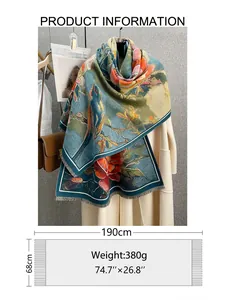 Detail of vintage floral scarf with peony and bird oil painting print and tassels