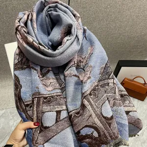 Elegant vintage floral building print cashmere-feel scarf with tassels for winter fashion