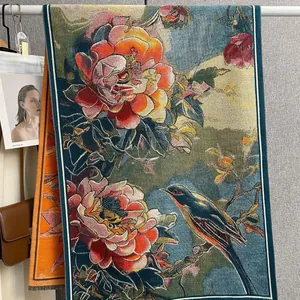Retro floral scarf with peony and bird patterns in vintage Chinese art style