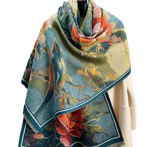 Peony and bird vintage shawl with turquoise base, floral patterns, and delicate fringes
