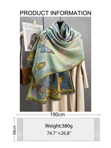 Detail of butterfly oil painting shawl, cashmere feel, measuring 190x68cm and 380g weight