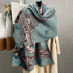 Women Retro Eiffel Tower Oil Painting Scarf Imitation Cashmere Warm Winter Jacquard Tassel Shawl Wrap Fashion Accessory