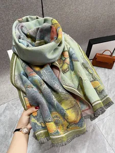 Macro shot of thick artistic butterfly oil painting scarf with detailed fringe edges