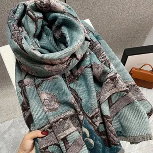 Artistic jacquard floral knit scarf with vintage scenery patterns and tassels