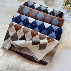 Cozy autumn argyle knit scarves with fringes shown in four classic color combinations