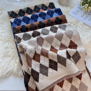 Classic checkered cashmere-like winter scarf with diamond pattern and tassel edges