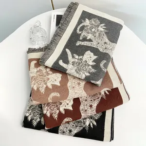 Elegante scialle pashmina con silhouette di gatto e frange per l'inverno donna