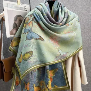 Vintage Butterfly Oil Painting Thickened Imitation Cashmere Scarf For Women Large Warm Soft Scarf With Tassels Shawl Wrap
