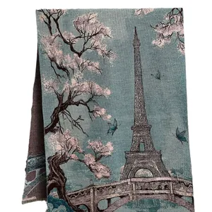 Vintage Eiffel Tower and pink cherry blossom woven cashmere scarf with tassel edges