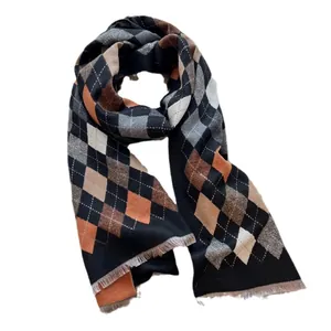 Classic argyle pattern long scarf with fringe details in grey and orange knits