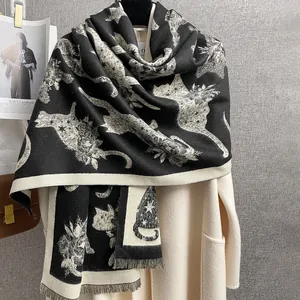 Sciarpa Donna Vintage Stampa Silhouette Gatto Scialle Jacquard Doppio Lato Con Nappine Morbido Finta Cashmere Caldo Collo Invernale