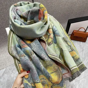 Thick autumn winter butterfly oil painting cashmere pashmina with tassels for women