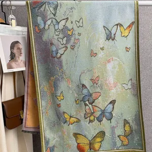 Cashmere-like scarf with vibrant oil painting butterfly jacquard and olive green borders