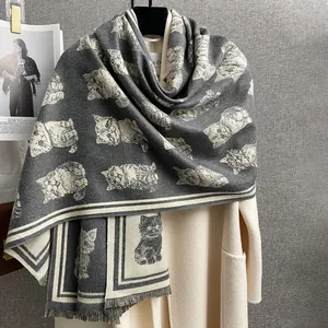 Sciarpa in Imitazione Cashmere Con Motivo Gatto per Donna Inverno Caldo Scialle Con Nappine Vintage Jacquard Spessa Sciarpa Avvolgente Morbida