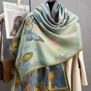 Elegant butterfly print cashmere scarf with tassel edges and green geometric borders