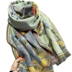 Artistic oil painting butterfly cashmere-like scarf with fringe on white background