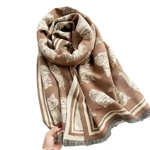 Sciarpa jacquard gatto retrò in finta cachemire spessa con frange, scialle caldo invernale