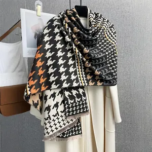 Donna Sciarpa Pied De Poule Invernale Calda In Imitazione Cashmere Scialle Media Lunghezza Con Nappe E Frange Geometria Sciarpa