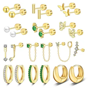 Colección de Pendientes de Latón Chapado en Oro 14K para Mujer Zirconia Perla Artificial de Imitación Mariposa Geométricos Botón Trasero Plano Joyería Regalo