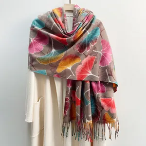 Women's Ginkgo Leaf Print Scarf Retro Polyester Tassel Shawl Soft Warm Long Wrap For Autumn Winter Ladies Fashion Accessory