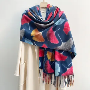 Navy blue scarf with colorful maple leaf prints and elegant tassels for women