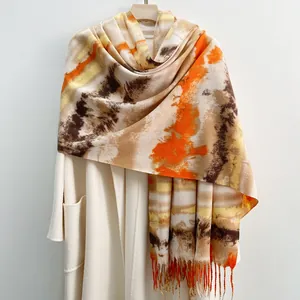 Sciarpa da Donna Sfumata Tie-Dye Morbida Pashmina in Poliestere Effetto Cashmere Calda Spessa con Nappine Retrò Artistico