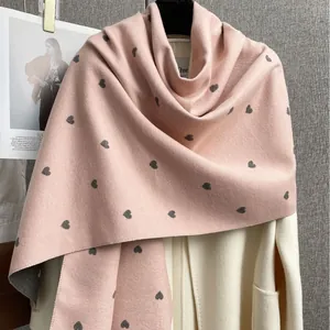 Sciarpa Invernale Calda da Donna Simil-Cashmere Motivo Jacquard a Cuore Dolce Sciarpa Spessa Doppia Faccia Con Nappine