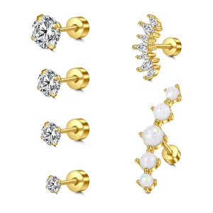 Set de 6 pendientes bañados en oro con circonitas, trepadores y piedras de ópalo