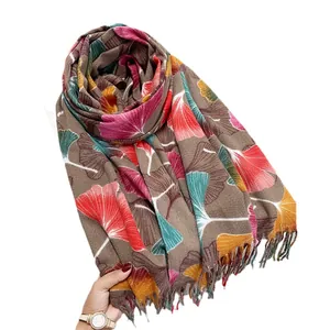 Colorful maple leaf print scarf with tassels made of soft cashmere-like fabric shawl