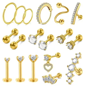 Conjunto detallado de joyas para piercing de latón dorado con circonitas y perlas finas