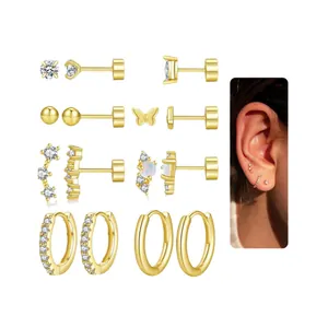 Set de pendientes de latón dorado con mariposas de circonita y perlas mujer