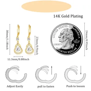 14K gold plated teardrop earrings with crystal drop and coin for size reference