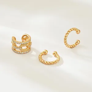 14K Gold Plated Brass Ear Cuffs Set French Minimalist Twist Zirconia Non Piercing Earrings For Women Fashion Jewelry