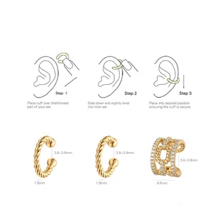 Gold plated brass twist ear cuffs with size dimensions and wearing guide on white background