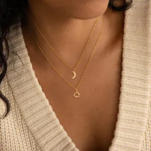 Bohemian 14K Gold Plated Brass Sun Moon Pendant Layered Necklace For Women Minimalist Dainty Double Chain Necklace Jewelry Gift